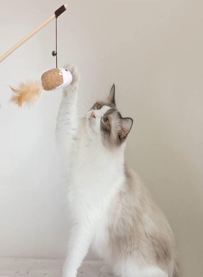 PET FUN لعبة عصا ريش القطط التفاعلية المصنوعة من الخشب الطبيعي من بيت فن® مع جرس على شكل فأر - عصا صيد بطول 18 بوصة لتدريب القطط الصغيرة على الصيد واللعب في الأماكن المغلقة - Image 3